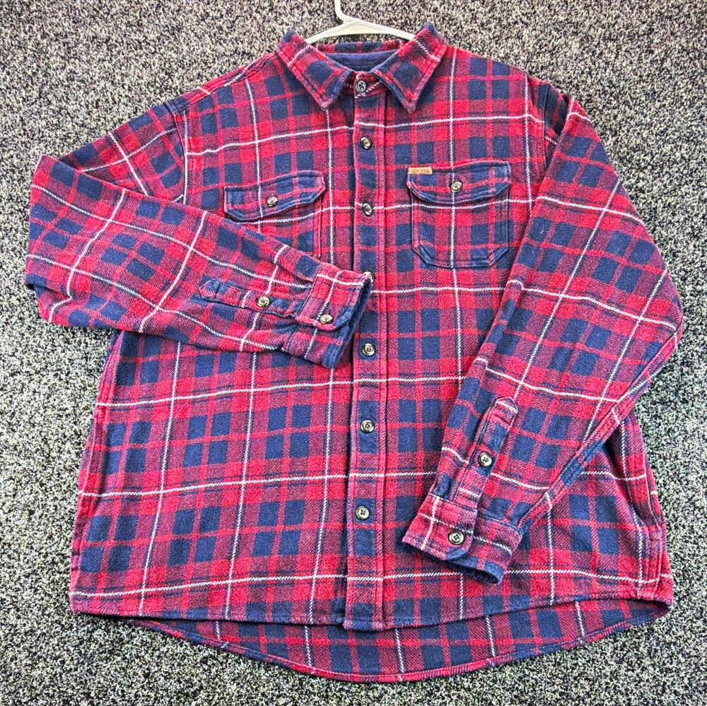 Orvis Men's XL Red Blue Plaid Cotton Flannel L/S Point Collar Button-Up Pockets